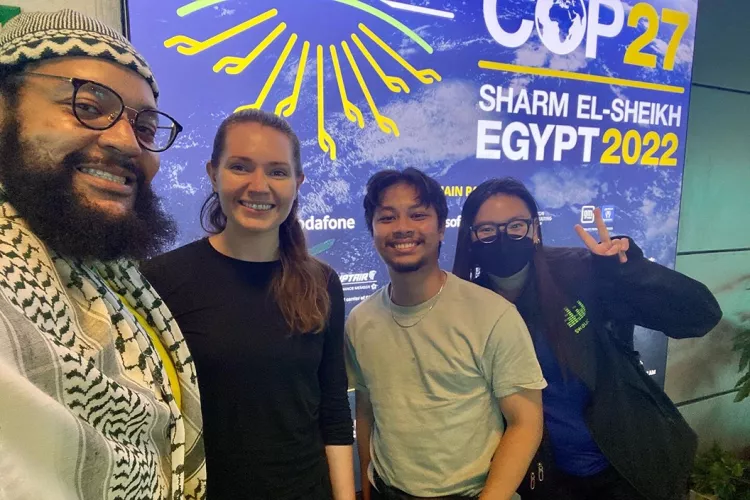 Visiting Assistant Professor of Religion James Padilioni, Director of Sustainability Elizabeth Drake, Alfisyanrin Muhamad ’23, and Chris Stone '23.